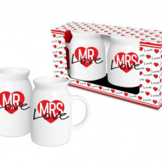 Set 2 cani Mrs + Mr Love, 350 ml, portelan