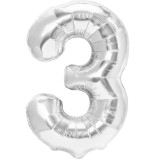 Balon din folie metalizata flippy, figurina cifra, tema aniversare 40 cm, ambalaj individual, pai inclus, umflare cu aer sau heliu, argintiu, cifra 3