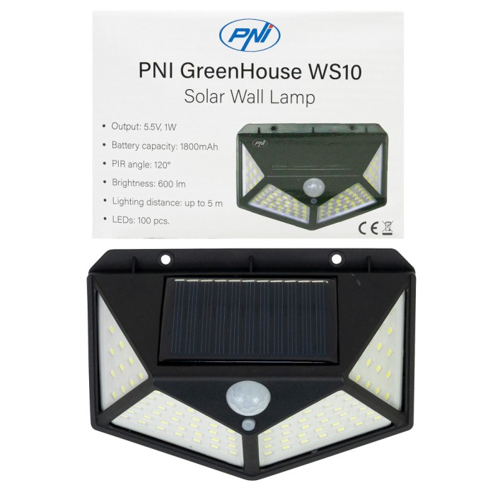 Resigilat : Lampa solara LED PNI GreenHouse WS10, 100 LED-uri, 600 lm, unghi PIR 1