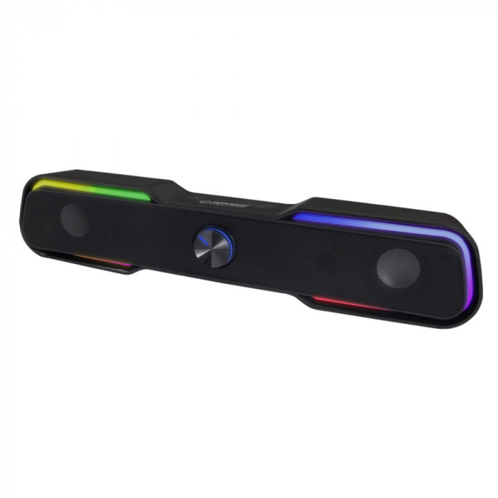 Soundbar USB 6W cu LED RGB, Esperanza Rainbow APALA, cablu 120 cm, control volum, negru