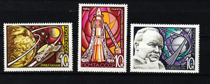 Rusia, URSS, 1969 | Ziua cosmonauticii - Koroliov, Wostok - Cosmos | MNH | aph