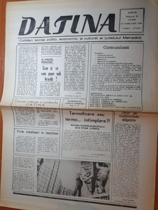 ziarul datina 16 februarie 1990-ziar din judetul mehedinti