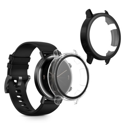 Set 2 Huse Kwmobile cu sticla securizata pentru Huawei Watch GT2 (42mm), Transparent/Negru, Plastic, KWM000011XH003C foto