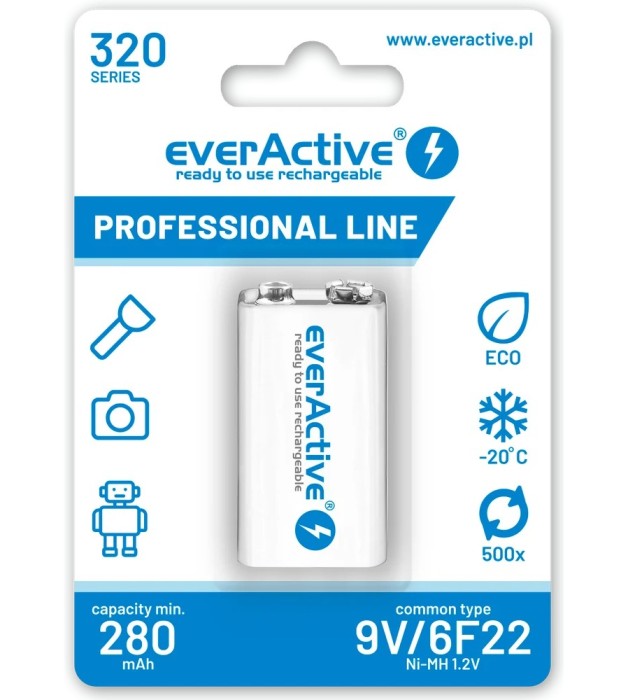 Acumulator reincarcabil EverActive Ni-MH 6F22 9V 320 mAh Professional Line-Conținutul pachetului 1x Blister