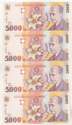 bnk bn Romania 5000 lei 1998 unc - x4 serii consecutive foto