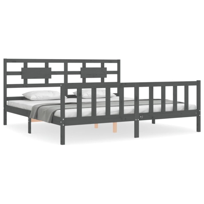 Cadru pat cu tablie 200x200 cm, gri, lemn masiv
