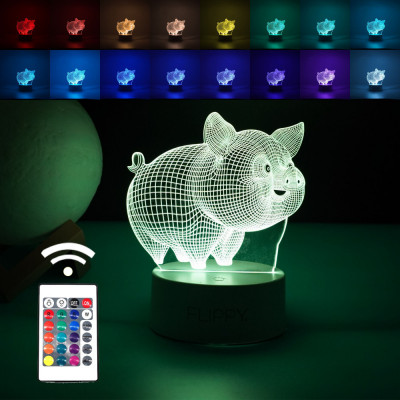 Lampa LED decorativa, Flippy, 3D, Porcusor Gras, din material acril si lumina multicolora, alb foto