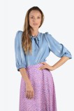 Bluza sky blue din matase cu guler funda si maneci trei sferturi, 34, 36, 38, 40, 42, 44, 46, Bleu, Onibon