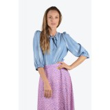 Bluza sky blue din matase cu guler funda si maneci trei sferturi
