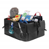 Geanta organizator portbagaj auto AMiO, cu 3 compartimente, 4 buzunare din plasa si 2 cu velcro, neagra, 55 x 38 x 26 cm, pliabila, cu maner