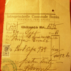 Chitanta 1939 Antet Intr. Comunale Buzau Serv.Perceptie ,cu Timbrul Aviatiei mic