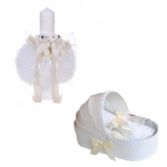 Trusou botez in landou si lumanare glob cu ursuleti, decor ivoire Denikos&reg; 157