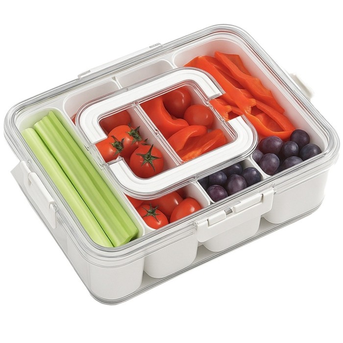 Cutie depozitare mancare pentru frigider cu capac etans si 4 compartimente detasabile, Pufo, 32 x 25 cm