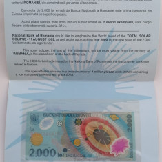 Bancnota Romania, 2000 Lei 1999 Eclipsa, pliant si plic BNR