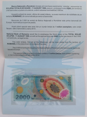 Bancnota Romania, 2000 Lei 1999 Eclipsa, pliant si plic BNR foto