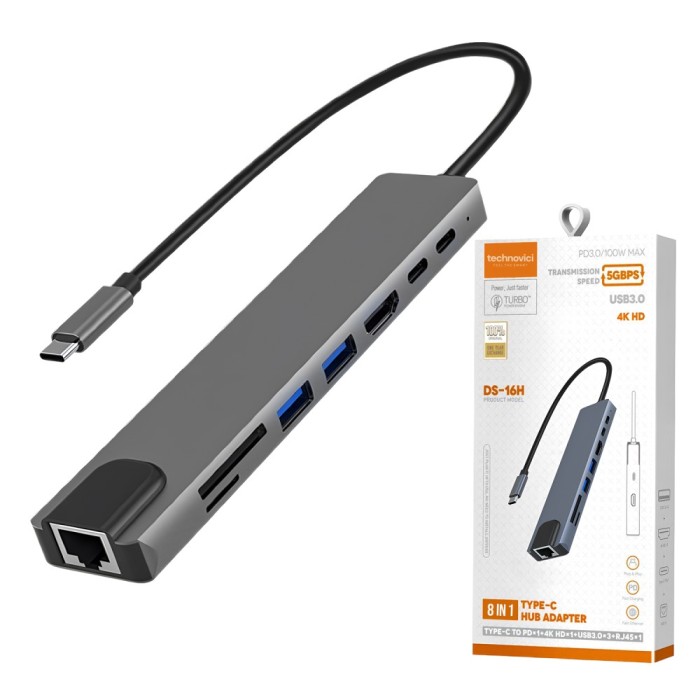 Hub USB Type-C 8 in 1 Multiport HDMI 4K 30Hz 2xUSB 3.0 5Gbps USB 2.0 480Mbps Ethernet RJ45 100Mbps Card Reader SD MicroSD Power Delivery 100W Aliaj Al