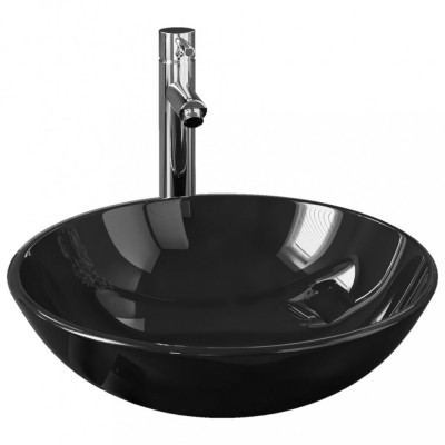Chiuvetă baie robinet și scurgere tip push, negru sticlă călită foto