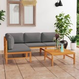 Set mobilier grădină cu perne gri, 5 piese, lemn masiv de tec