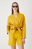 Medicine pantaloni scurti din in femei, culoarea galben, neted, high waist