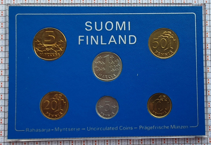 set monetarie 1980 Finlanda 5, 10, 20, 50 pennia 1, 2, Markkaa km 45-49, 57 - M1