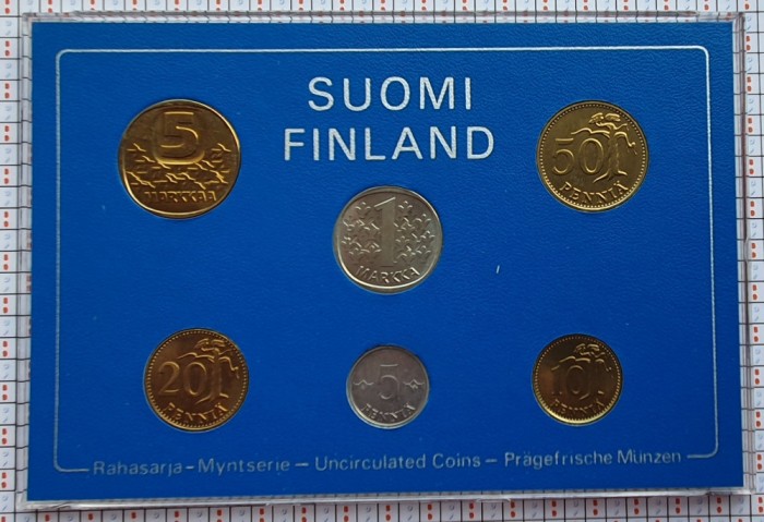 set monetarie 1980 Finlanda 5, 10, 20, 50 pennia 1, 2, Markkaa km 45-49, 57 - M1