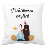 Perna Decorativa cu tematica de Craciun, Sarbatoarea Nasterii 1, 40x40 cm, Alba, Mata, Husa Detasabila, Burduf