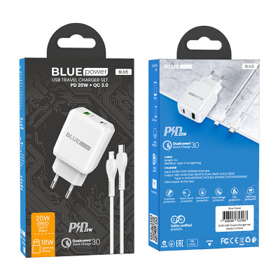 Incarcator Retea cu cablu Lightning BLUE Power BLN5, Quick Charge, 20W, 1 X USB - 1 X USB Tip-C, Alb foto
