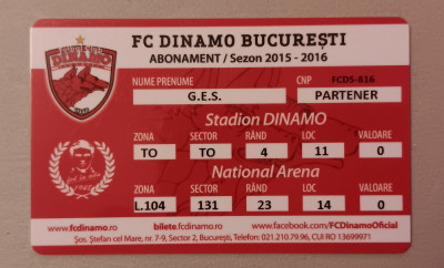 QW13 8 - Abonament stadionul Dinamo Bucuresti 2015/2016 - piesa de colectie! foto