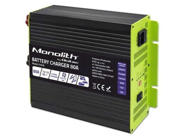 &Icirc;ncărcător baterii re&icirc;ncărcabile QOLTEC 12-15V 80A plumb-acid, Li-FePO4, AGM, GEL