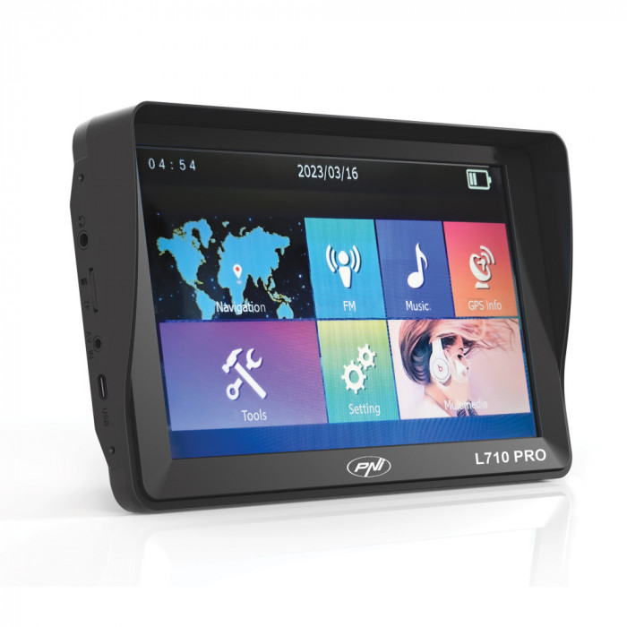 Sistem de navigatie GPS PNI L710 PRO cu parasolar, 7 inch, 800 MHz, 256MB DDR, 16GB memorie interna, FM transmitter, cu doua alimentatoare auto inclus