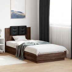 vidaXL Cadru de pat cu tăblie și lumini LED, stejar maro, 90x200 cm 3210037