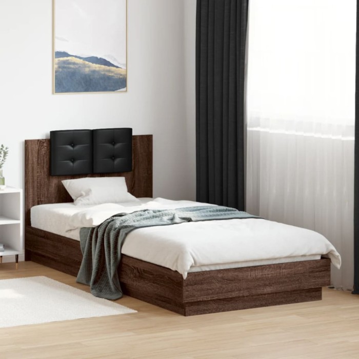 vidaXL Cadru de pat cu tăblie și lumini LED, stejar maro, 90x200 cm 3210037