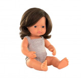 Papusa 38 cm, fetita europeana, imbracata in salopeta tricotata, MINILAND