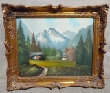 Ulei pe p&acirc;nză peisaj montan, lucrare veche &icirc;ncadrata &icirc;ntr-o ramă in stilul Baroc, Peisaje, Realism