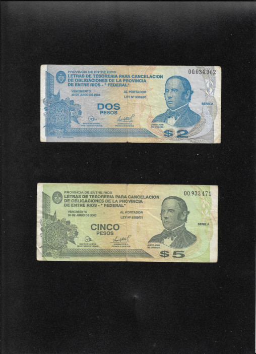 Rar! Set Argentina 2 + 5 pesos 2001 Provincia de Entre Rios