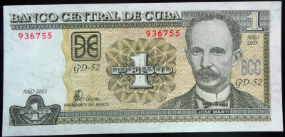 Bancnota exotica 1 PESO - CUBA, anul 2003 * Cod 208 = UNC foto