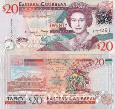 Insulele Caraibe Eastern Caribbean 20 Dollars 2008 UNC foto