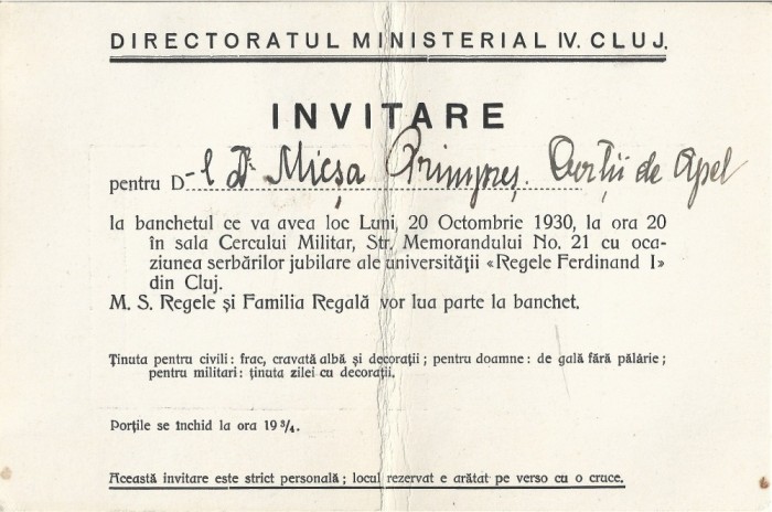 A3140N Invitație la banchet Universitatea Regele Ferdinand I Cluj către președintele Curții de Apel, Pompei Micșa, cu participarea Regelui