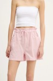 Tommy Jeans pantaloni scurți din amestec de in femei, culoarea roz, cu imprimeu, high waist, DW0DW20360