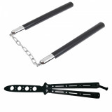 Cumpara ieftin Set Autoaparare: Nunceag 31cm + Briceag Fluture 22cm, Negru - Antrenament, Trick-uri, Colectie - Ideallstore