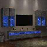vidaXL Set comode TV de perete cu lumini LED, 7 piese, gri beton