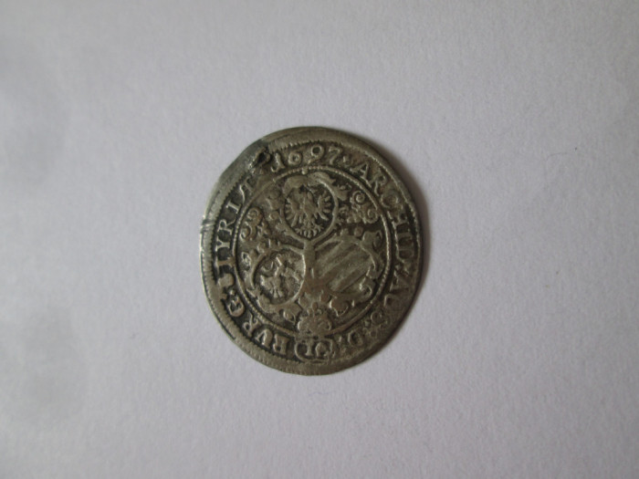 Rara! Austria 3 Kreuzer 1697 argint Leopold I moneda gaurita