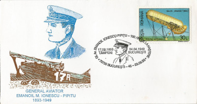 Rom&amp;acirc;nia, General aviator Emanoil M. Ionescu-Pipitu, plic, Bucureşti, 1993 foto