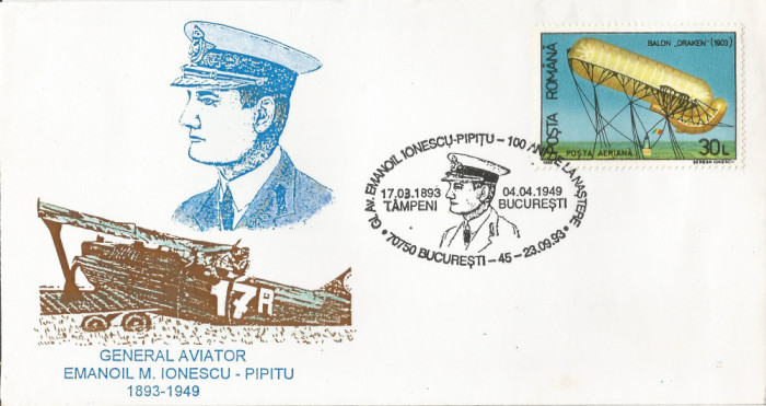 Rom&acirc;nia, General aviator Emanoil M. Ionescu-Pipitu, plic, Bucureşti, 1993