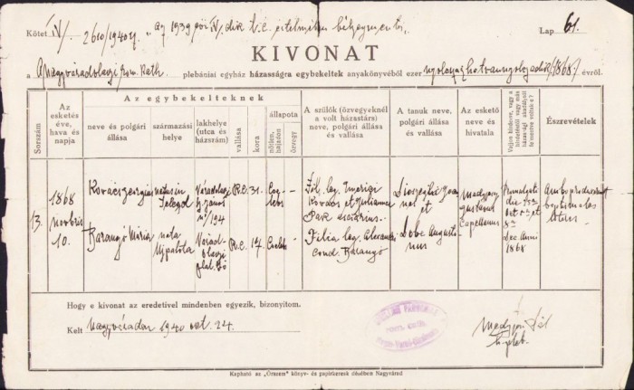 A1210 Extras registru biserică căsătoriți, 1940, Oradea
