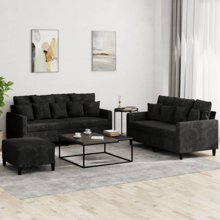 vidaXL Set de canapele cu perne, 3 piese, negru, catifea 3201715