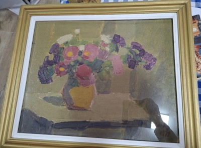 Pictură Ulei pe carton semnat CONSTANTIN DARADICI 1979 cu dedicație pe spate semnată...,dimensiuni 50/40. foto