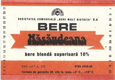 NI442 Etichetă bere blondă superioară Năsăudeana, Societatea comercială Bere Malț Bistrița SA, &amp;icirc;nceputul anilor 1990 foto