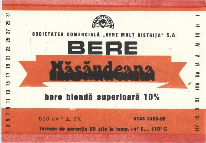 NI442 Etichetă bere blondă superioară Năsăudeana, Societatea comercială Bere Malț Bistrița SA, &icirc;nceputul anilor 1990
