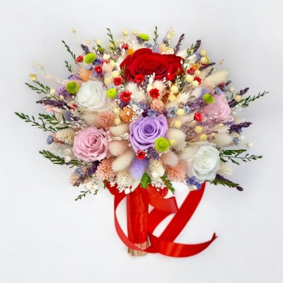 Buchet mare personalizabil cu trandafiri naturali criogenati si flori naturale uscate si criogenate foto